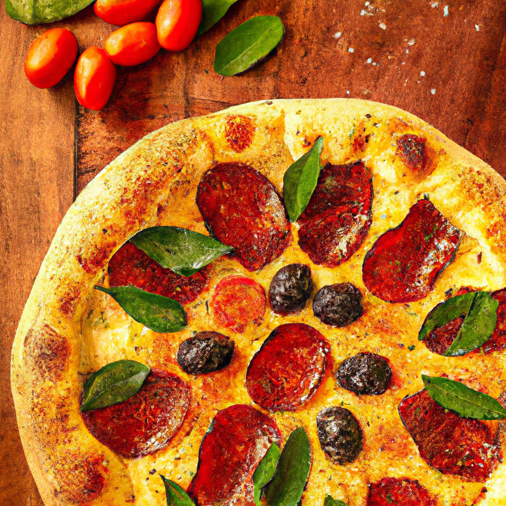 Pizza artesanal recién horneada con queso derretido, tomates frescos y hojas de albahaca